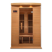 Maxxus 2 Person Low EMF FAR Infrared Sauna in Canadian Hemlock with a glass door, featuring interior lighting and advanced heating panels.