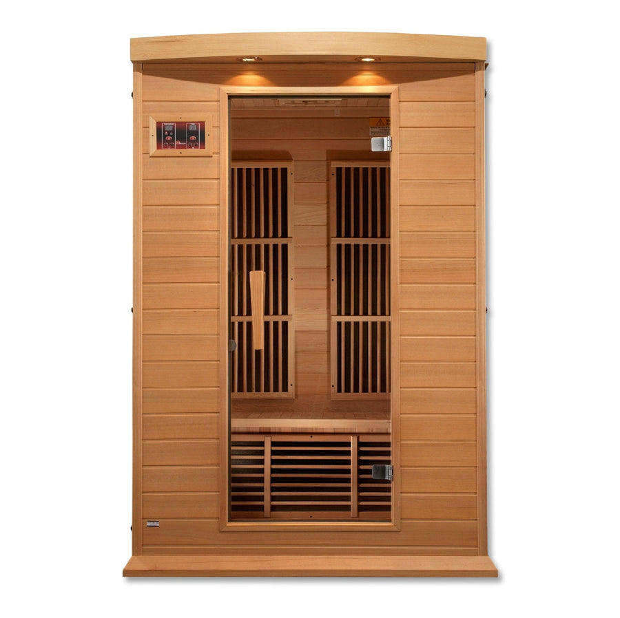 Maxxus 2 Person Low EMF FAR Infrared Sauna in Canadian Hemlock with a glass door, featuring interior lighting and advanced heating panels.