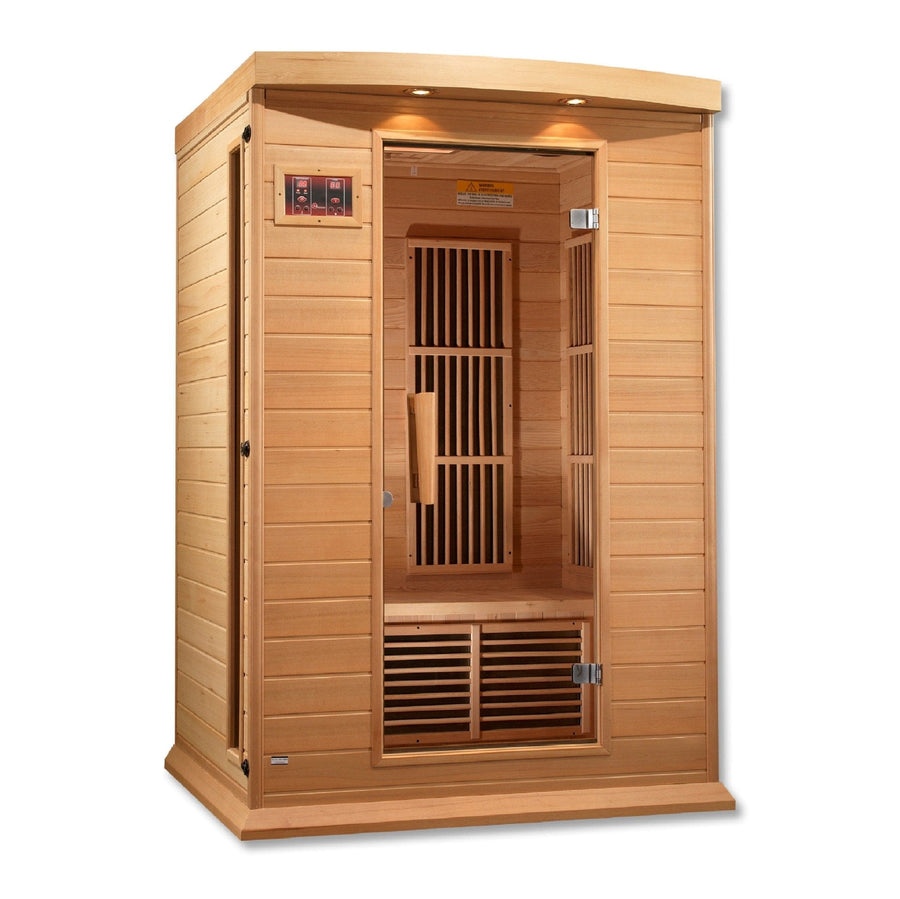 Maxxus 2 Person Low EMF FAR Infrared Sauna, Canadian Hemlock, open door, showcasing interior with wooden slats and tempered glass windows.