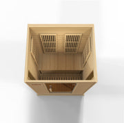 Maxxus 2 Person Low EMF FAR Infrared Sauna made of Canadian Hemlock, features windows, doors, LED control panels, and chromotherapy lighting.