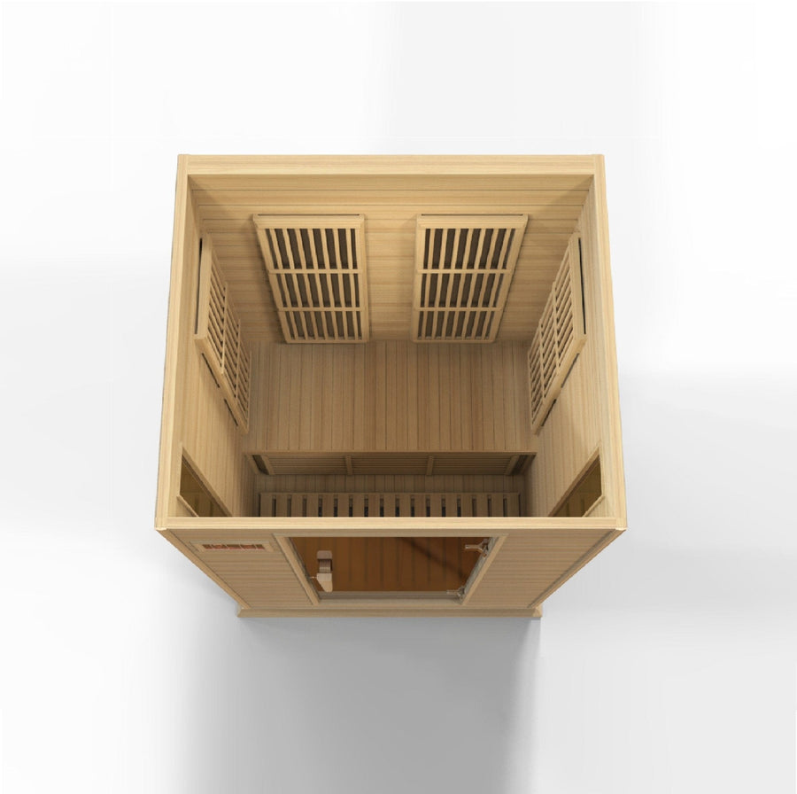 Maxxus 2 Person Low EMF FAR Infrared Sauna made of Canadian Hemlock, features windows, doors, LED control panels, and chromotherapy lighting.