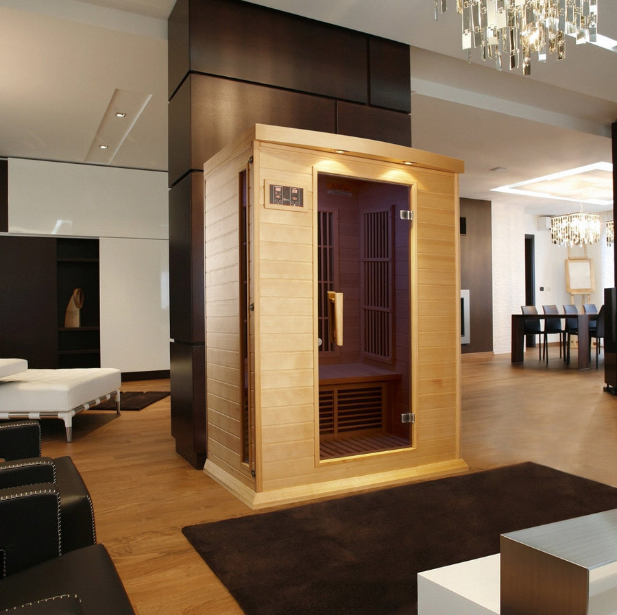 Maxxus 2 Person Low EMF FAR Infrared Sauna Canadian Hemlock with open door, showing interior seating and control panels.