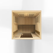 Maxxus 2 Person Low EMF FAR Infrared Sauna made of Canadian Hemlock wood with open door, showing interior wood slat walls and tempered glass windows.