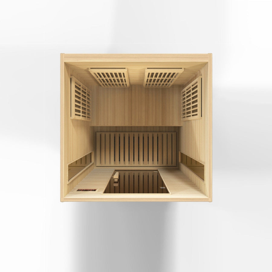Maxxus 2 Person Low EMF FAR Infrared Sauna made of Canadian Hemlock wood with open door, showing interior wood slat walls and tempered glass windows.