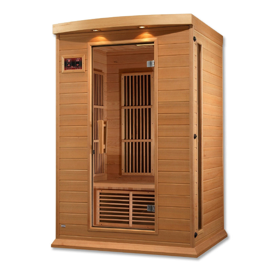 Maxxus 2 Person Low EMF FAR Infrared Sauna with Canadian Hemlock, glass door, and full-length windows. Features include Chromotherapy Lighting and Bluetooth-enabled FM radio.