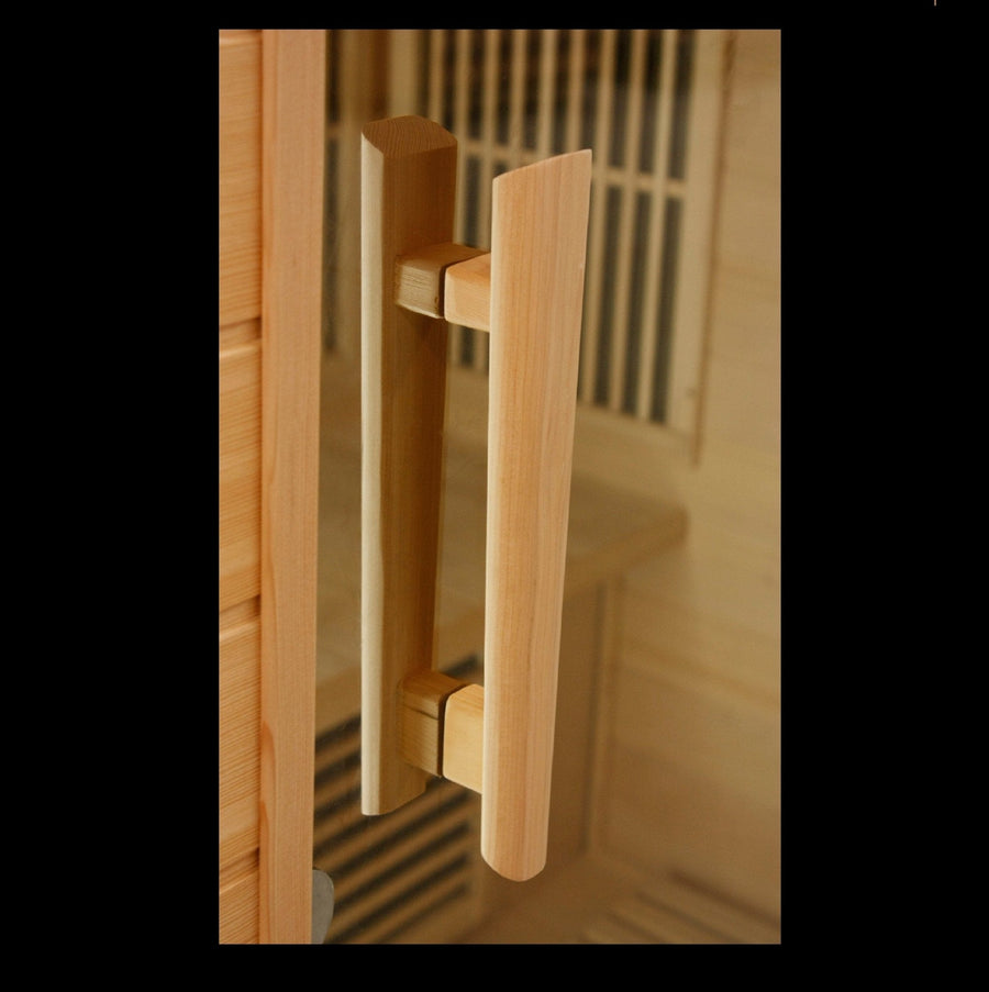 Maxxus 2 Person Low EMF FAR Infrared Sauna in Canadian Hemlock with wooden door handle, glass door, and chromotherapy lighting.