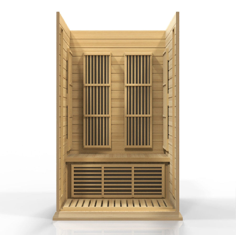 Maxxus 2 Person Low EMF FAR Infrared Sauna Canadian Hemlock with windows, tempered glass door, and interior color therapy lighting.