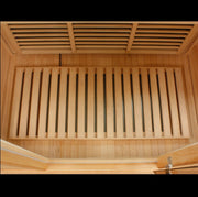 Maxxus 2 Person Low EMF FAR Infrared Sauna Canadian Hemlock with open door, wooden interior, bench, and tempered glass windows.