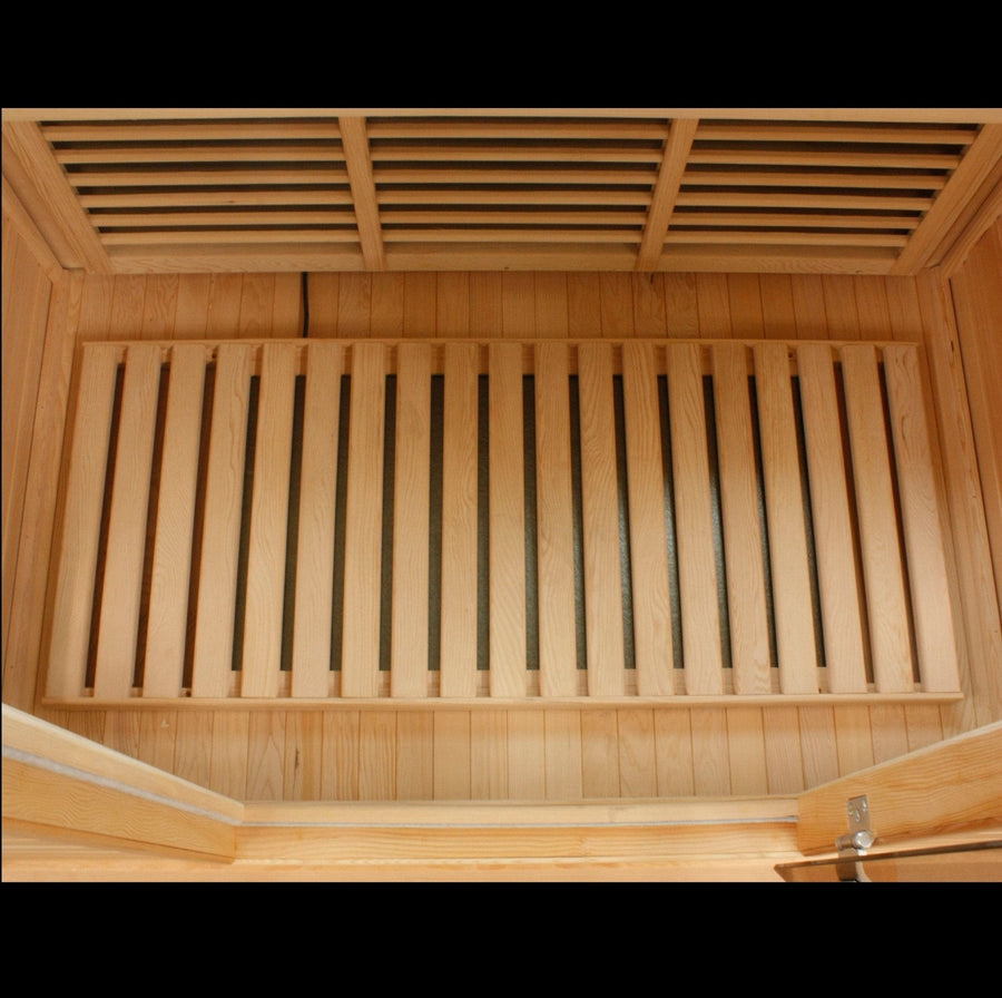Maxxus 2 Person Low EMF FAR Infrared Sauna Canadian Hemlock with open door, wooden interior, bench, and tempered glass windows.