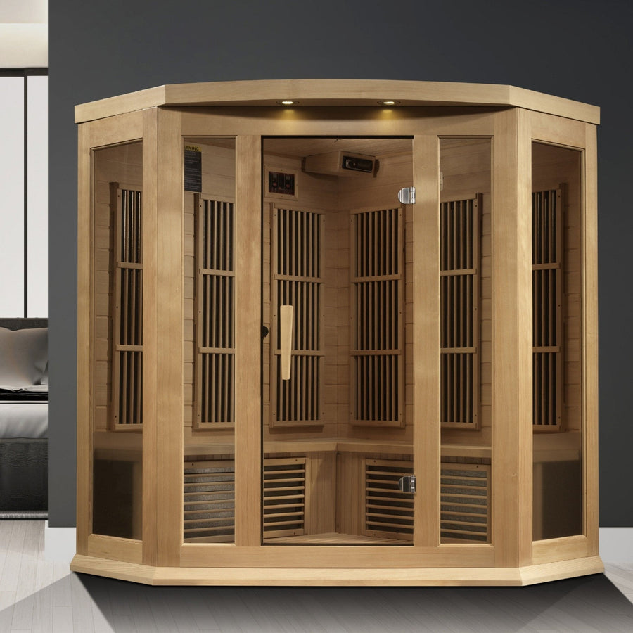 Maxxus 3 Person Corner Near Zero EMF FAR Infrared Sauna - Canadian Hemlock with glass doors and Canadian Hemlock wood construction.