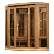 Maxxus 3 Person Corner Near Zero EMF FAR Infrared Sauna with glass doors and Canadian Hemlock wood construction.