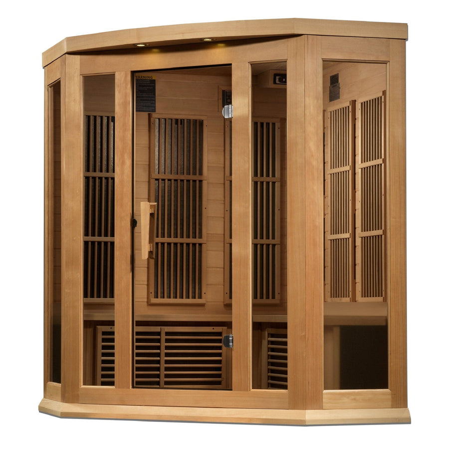 Maxxus 3 Person Corner Near Zero EMF FAR Infrared Sauna with glass doors and Canadian Hemlock wood construction.