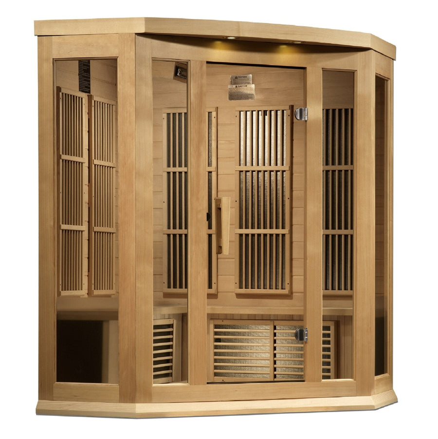 Maxxus 3 Person Corner Near Zero EMF FAR Infrared Sauna - Canadian Hemlock with glass doors and wood construction, featuring advanced heating technology.