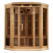 Maxxus 3 Person Corner Near Zero EMF FAR Infrared Sauna - Canadian Hemlock, featuring glass doors, wood paneling, and interior chromotherapy lighting.