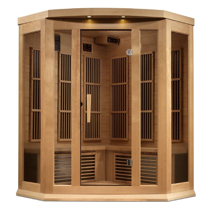 Maxxus 3 Person Corner Near Zero EMF FAR Infrared Sauna - Canadian Hemlock, featuring glass doors, wood paneling, and interior chromotherapy lighting.