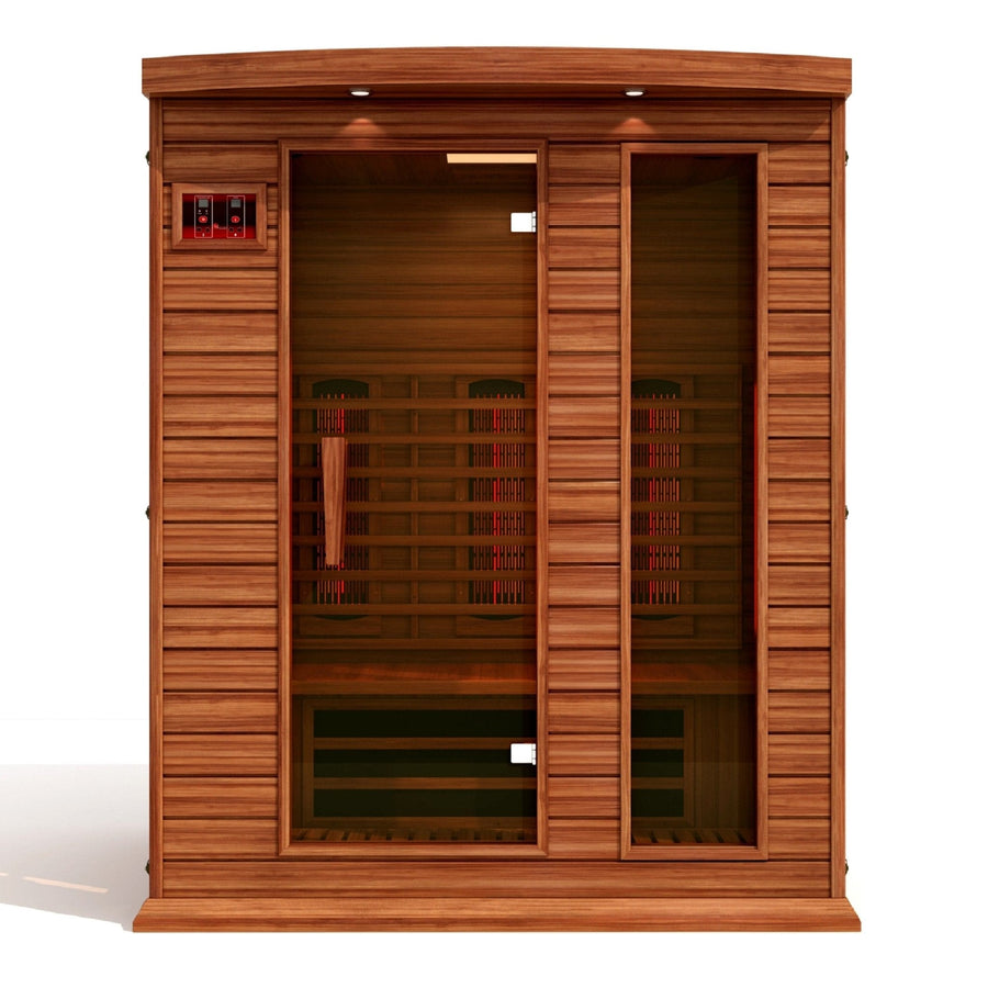 Maxxus 3 Person Full Spectrum Infrared Sauna with glass doors, Canadian Red Cedar, featuring advanced heating technology and chromotherapy lighting.