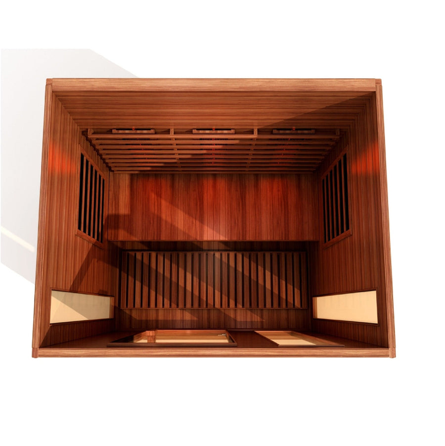 Maxxus 3 Person Full Spectrum Infrared Sauna - Canadian Red Cedar featuring wood paneling, tempered glass door, and interior chromotherapy lighting.