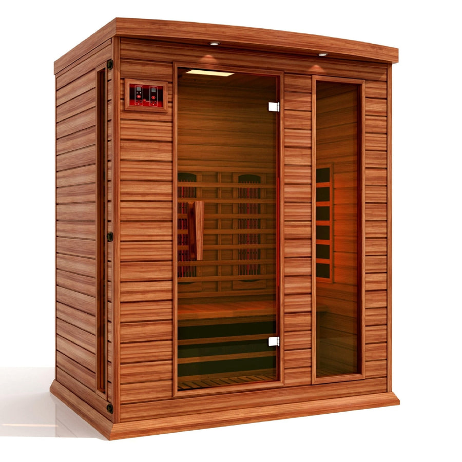 Maxxus 3 Person Full Spectrum Infrared Sauna with glass doors and Canadian Red Cedar construction, featuring advanced heating technology and integrated MP3/Bluetooth.