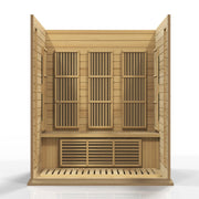 Maxxus 3 Person Low EMF FAR Infrared Sauna made of Canadian Hemlock wood with large windows and door, visible interior lighting, and control panels.