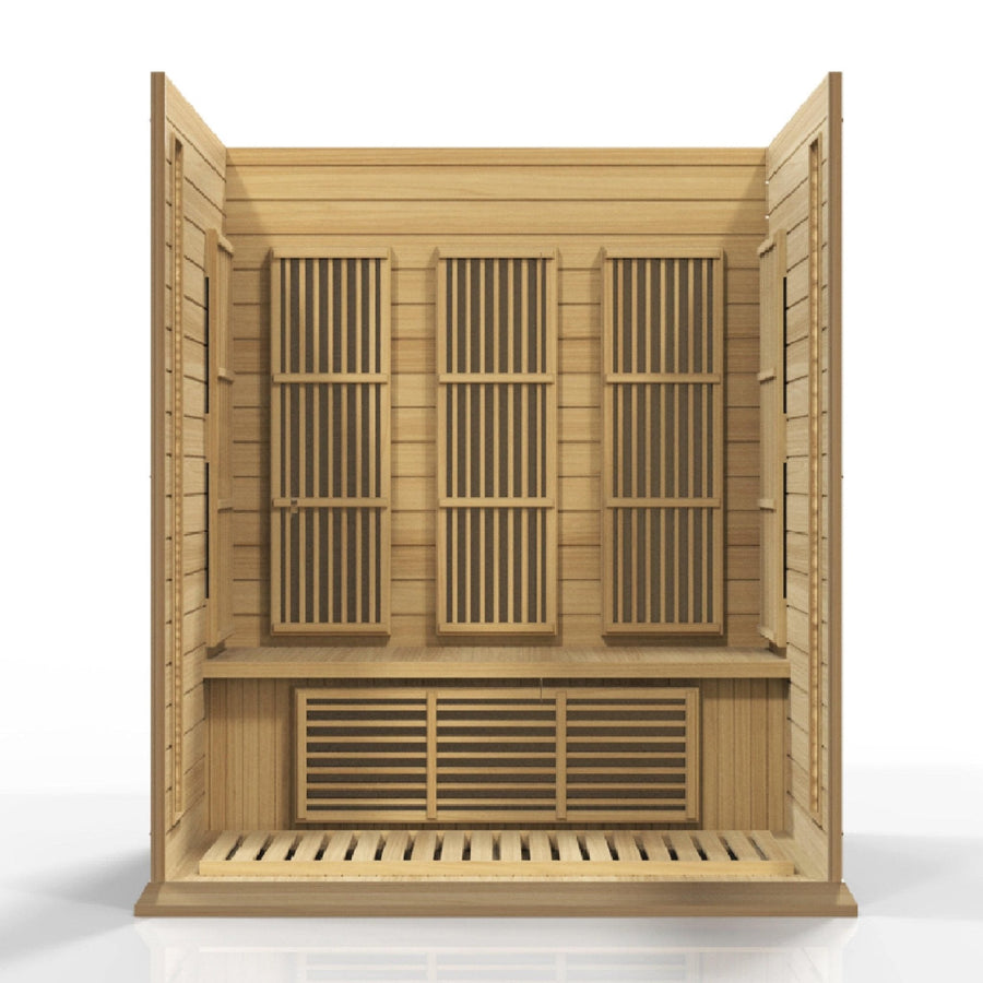 Maxxus 3 Person Low EMF FAR Infrared Sauna made of Canadian Hemlock wood with large windows and door, visible interior lighting, and control panels.