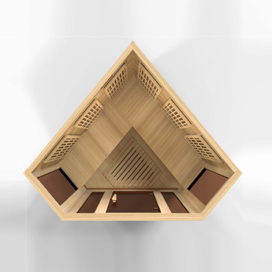 Maxxus 3 Person Low EMF FAR Infrared Sauna made of Canadian Hemlock wood with tempered glass door, interior lighting, and built-in Bluetooth and MP3 functionality.