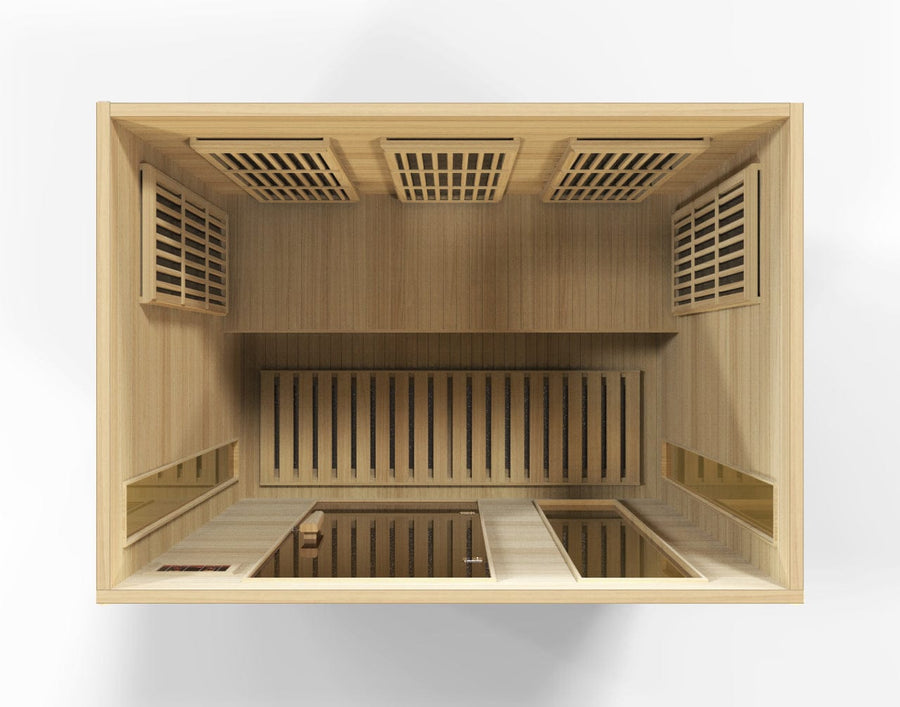 Maxxus 3 Person Low EMF FAR Infrared Sauna Canadian Hemlock with tempered glass door, side windows, and interior color therapy lighting.