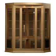 Maxxus 3 Person Low EMF FAR Infrared Sauna with glass doors, Canadian Hemlock wood, chromotherapy lighting, and interior control panel.