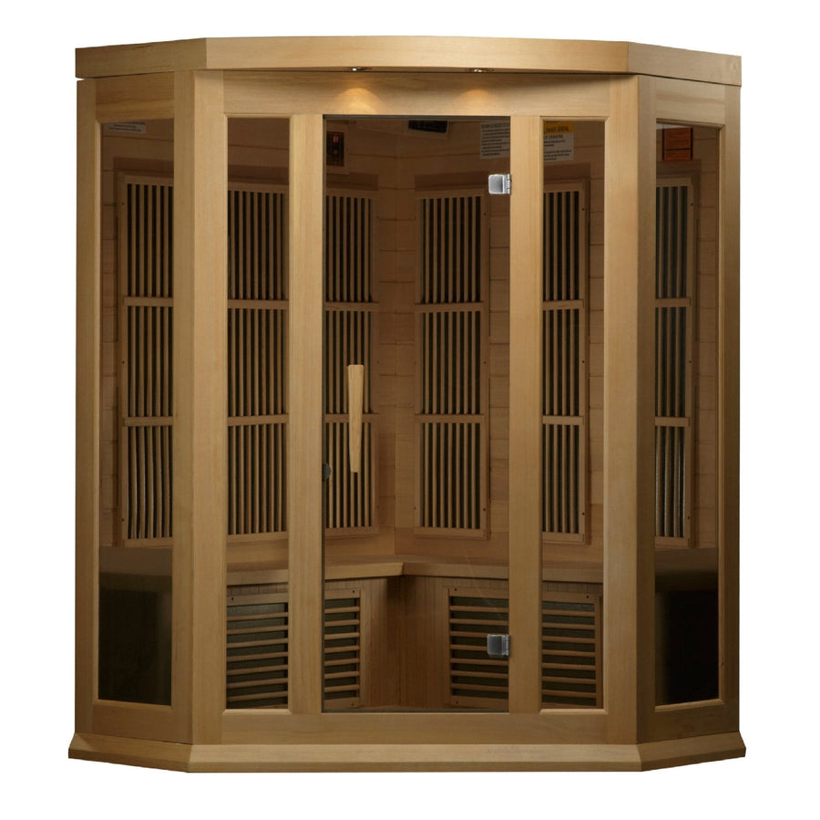 Maxxus 3 Person Low EMF FAR Infrared Sauna with glass doors, Canadian Hemlock wood, chromotherapy lighting, and interior control panel.