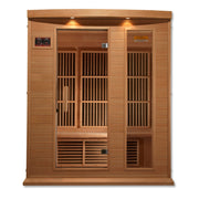 Maxxus 3 Person Low EMF FAR Infrared Sauna Canadian Hemlock with glass doors, wooden benches, and interior color therapy lighting.
