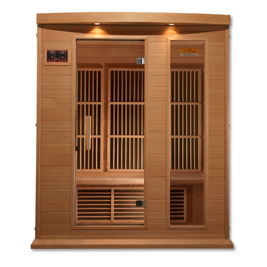 Maxxus 3 Person Low EMF FAR Infrared Sauna Canadian Hemlock with glass doors, wooden benches, and interior color therapy lighting.