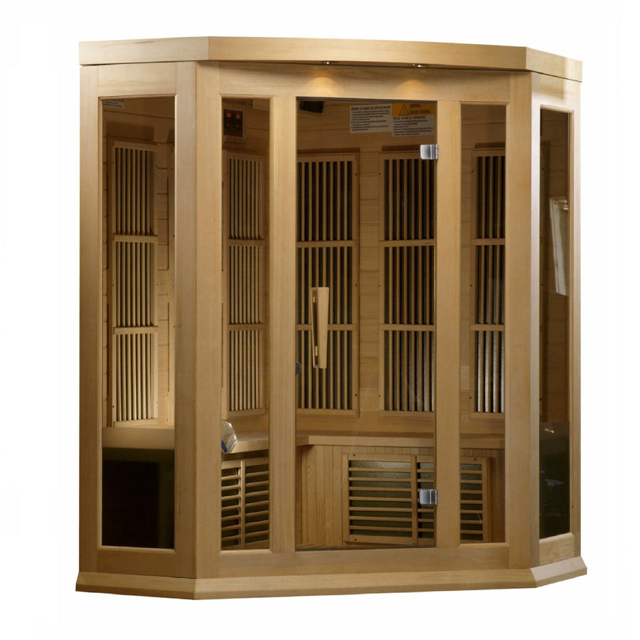 Maxxus 3 Person Low EMF FAR Infrared Sauna Canadian Hemlock with glass doors and windows, natural wood construction, and interior color therapy lighting.