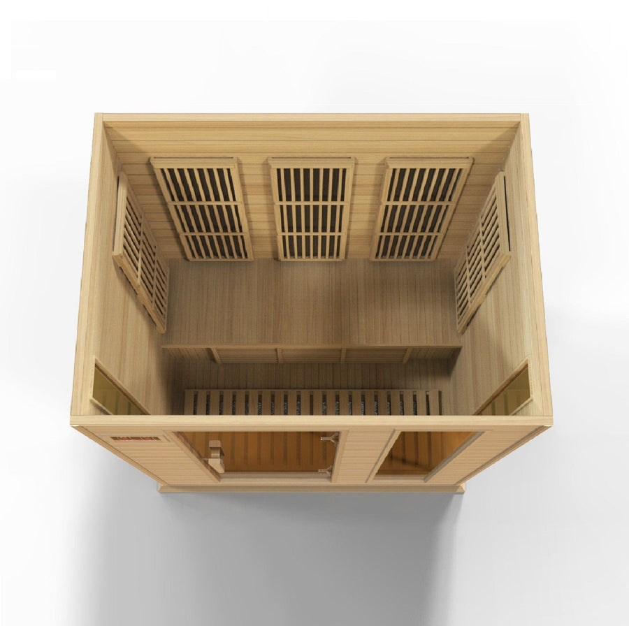 Maxxus 3 Person Low EMF FAR Infrared Sauna made of Canadian Hemlock, featuring windows, doors, roof vent, and chromotherapy lighting.