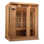 Maxxus 3 Person Low EMF FAR Infrared Sauna with glass door, Canadian Hemlock wood, interior control panels, and chromotherapy lighting.