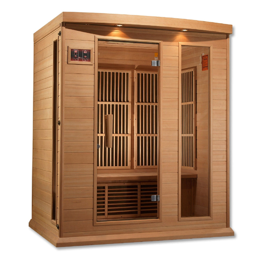 Maxxus 3 Person Low EMF FAR Infrared Sauna with glass door, Canadian Hemlock wood, interior control panels, and chromotherapy lighting.