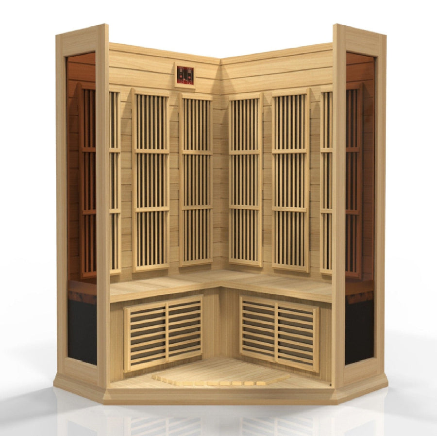 Maxxus 3 Person Low EMF FAR Infrared Sauna Canadian Hemlock with tempered glass door, interior color therapy lighting, and Canadian hemlock wood construction.