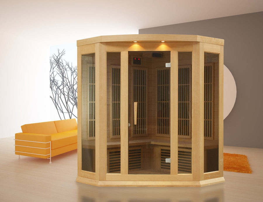 Maxxus 3 Person Low EMF FAR Infrared Sauna with glass doors and Canadian Hemlock wood in a modern wellness room.