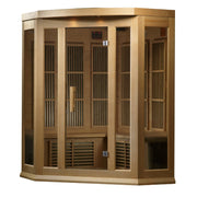 Maxxus 3 Person Low EMF FAR Infrared Sauna Canadian Hemlock with glass doors, full-length windows, and interior LED control panel.