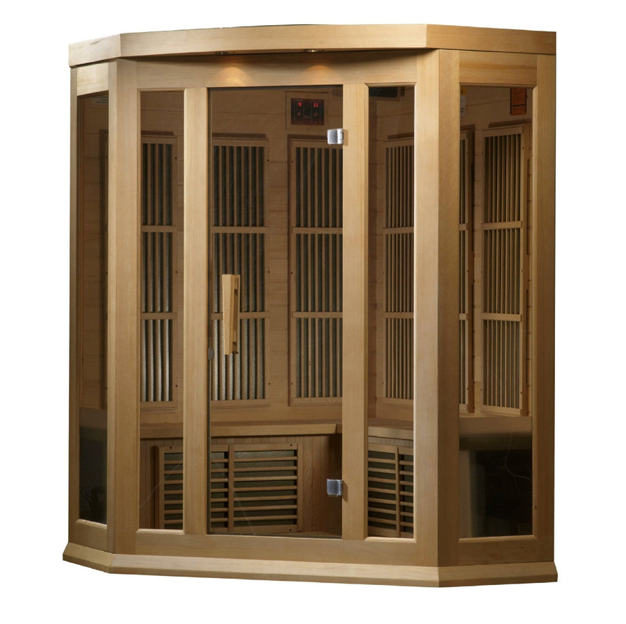 Maxxus 3 Person Low EMF FAR Infrared Sauna Canadian Hemlock with glass doors, full-length windows, and interior LED control panel.