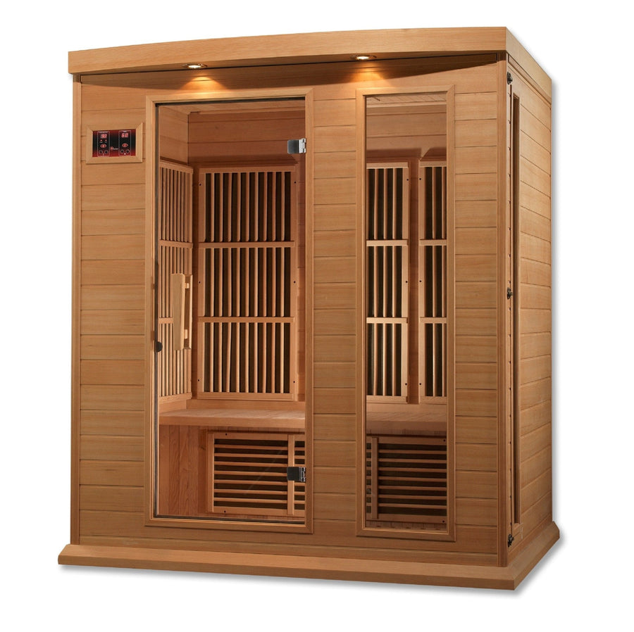Maxxus 3 Person Low EMF FAR Infrared Sauna in Canadian Hemlock with glass doors and chromotherapy lighting. Features full-length windows and interior control panels.