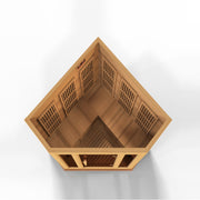 Maxxus 3 Person Low EMF FAR Corner Infrared Sauna made of Canadian Red Cedar with tempered glass door and vents visible.