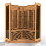 Maxxus 3 Person Low EMF FAR Corner Infrared Sauna made from Canadian Red Cedar featuring windows, tempered glass door, and interior control panel.