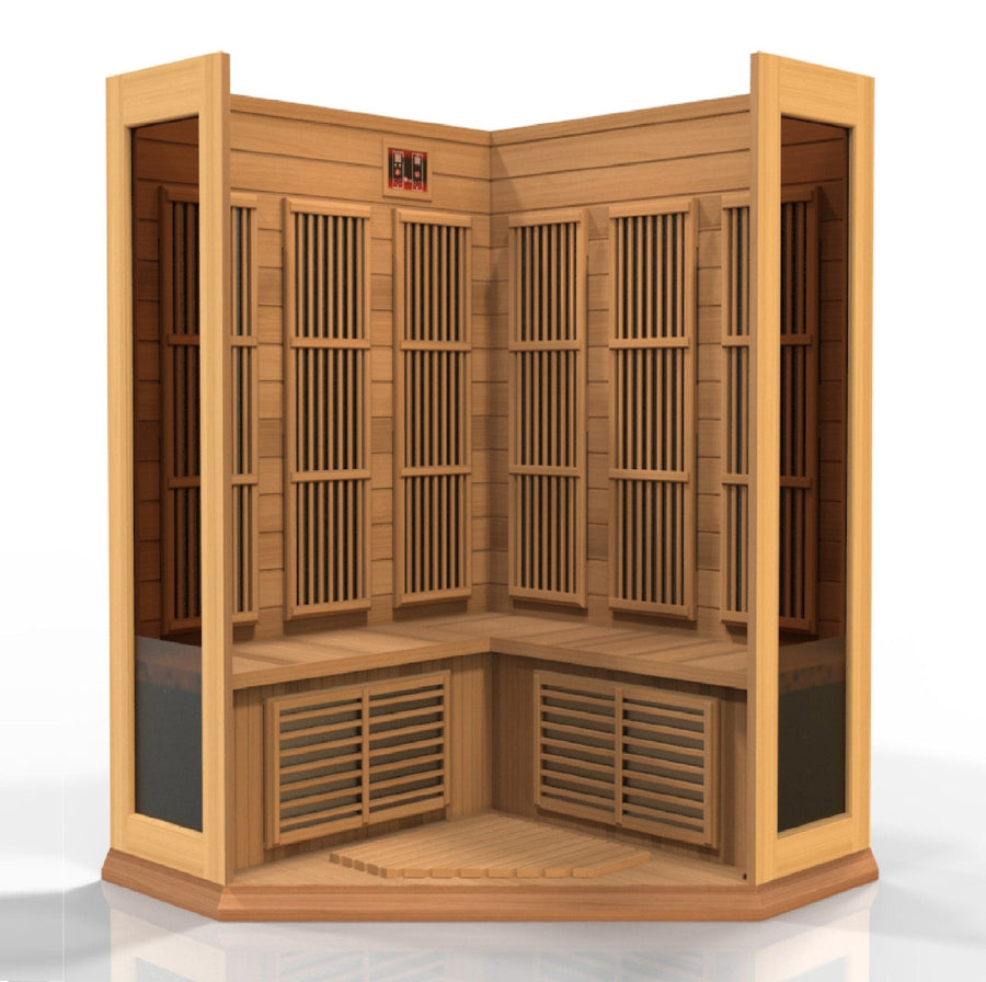 Maxxus 3 Person Low EMF FAR Corner Infrared Sauna made from Canadian Red Cedar featuring windows, tempered glass door, and interior control panel.