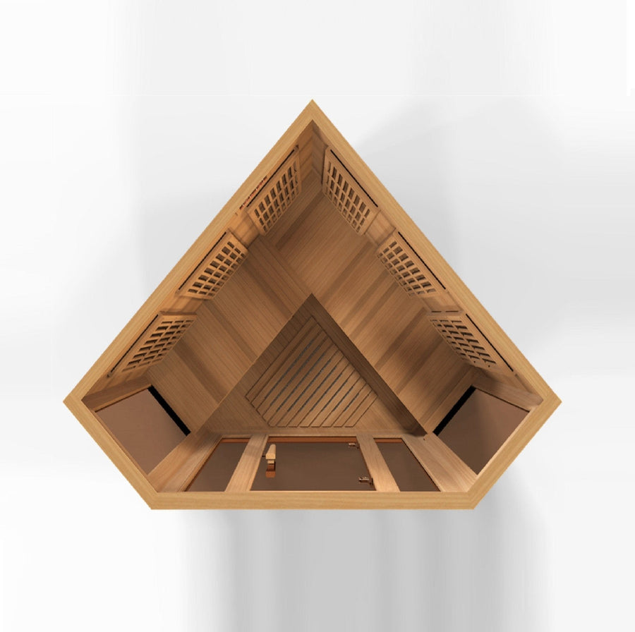 Maxxus 3 Person Low EMF FAR Corner Infrared Sauna made from Canadian Red Cedar, featuring a triangular wooden structure with side windows and a tempered glass door.