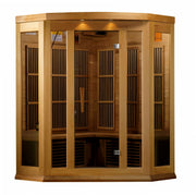 Maxxus 3 Person Low EMF FAR Corner Infrared Sauna in Canadian Red Cedar with glass doors and windows, featuring chromotherapy lighting and advanced audio options.