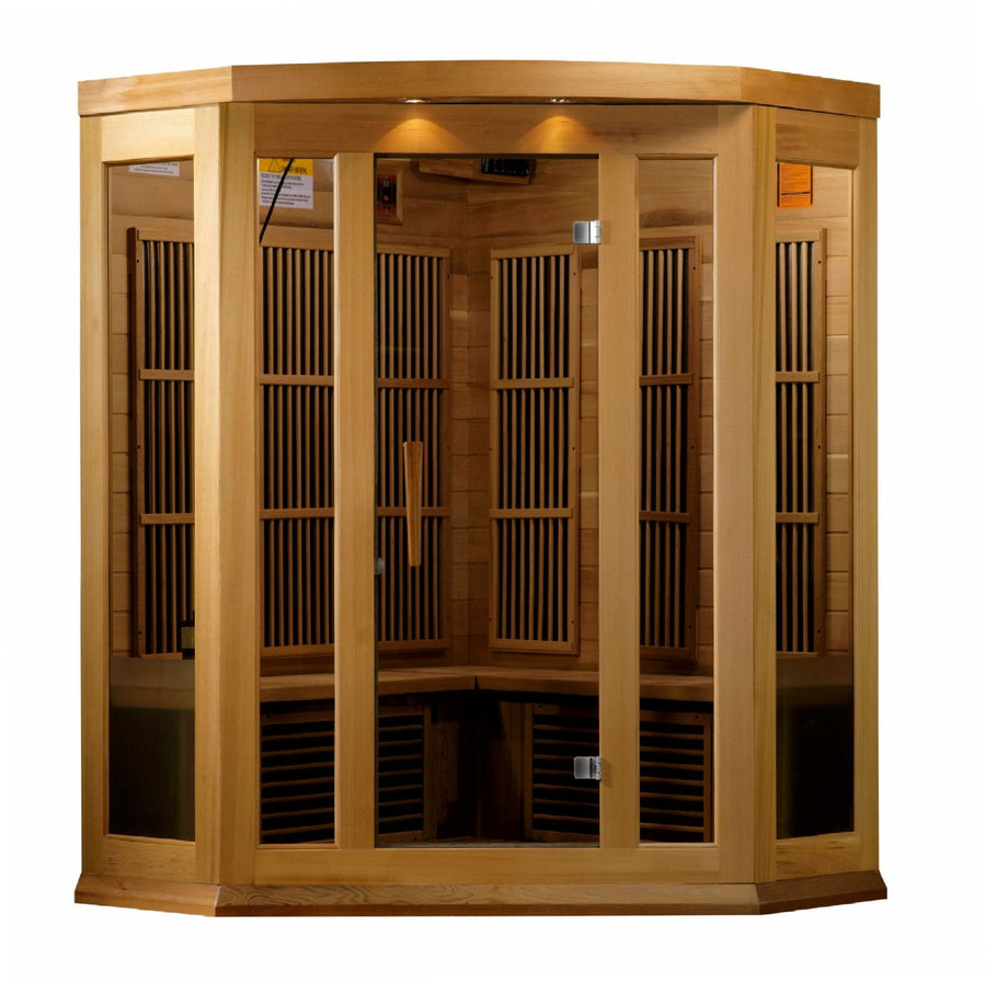 Maxxus 3 Person Low EMF FAR Corner Infrared Sauna in Canadian Red Cedar with glass doors and windows, featuring chromotherapy lighting and advanced audio options.
