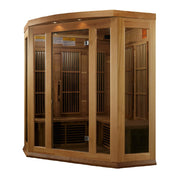 Maxxus 3 Person Low EMF FAR Corner Infrared Sauna Canadian Red Cedar with glass doors, color therapy lighting, and built-in FM radio and Bluetooth.