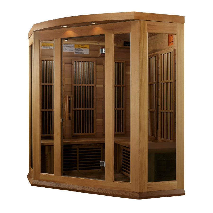 Maxxus 3 Person Low EMF FAR Corner Infrared Sauna Canadian Red Cedar with glass doors, color therapy lighting, and built-in FM radio and Bluetooth.