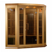 Maxxus 3 Person Low EMF FAR Corner Infrared Sauna with glass doors and Canadian red cedar construction. Features include chromotherapy lighting and a touch screen control panel.