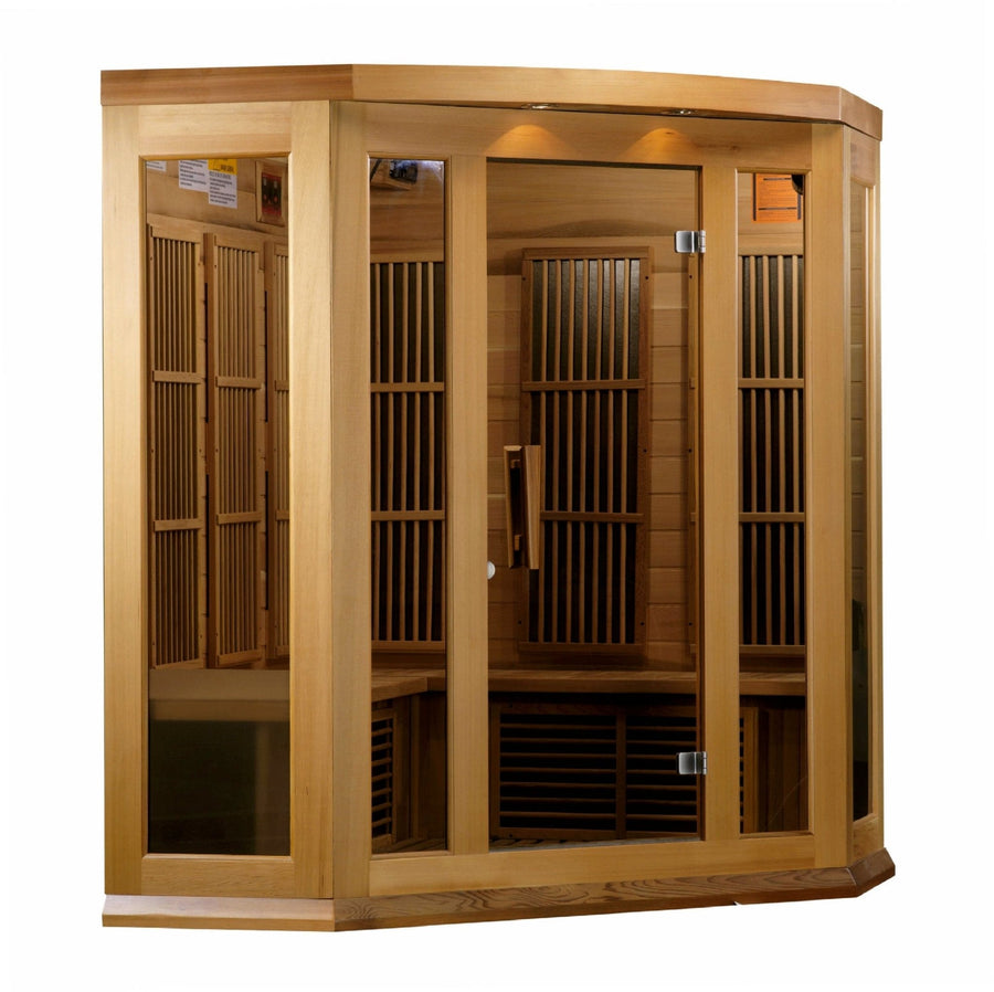 Maxxus 3 Person Low EMF FAR Corner Infrared Sauna with glass doors and Canadian red cedar construction. Features include chromotherapy lighting and a touch screen control panel.