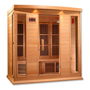Maxxus 4 Person Low EMF FAR Infrared Sauna made of Canadian Hemlock with glass doors, interior color therapy lighting, and Bluetooth capability.